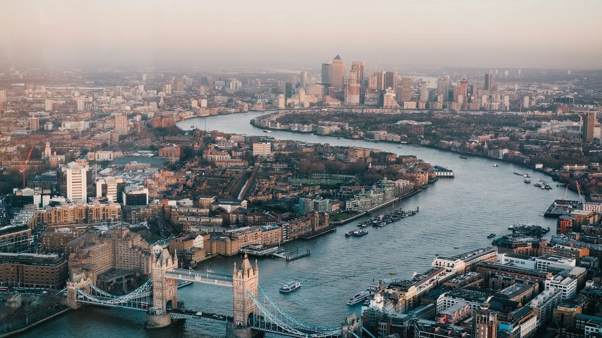 Aerial view of London along the River Thames