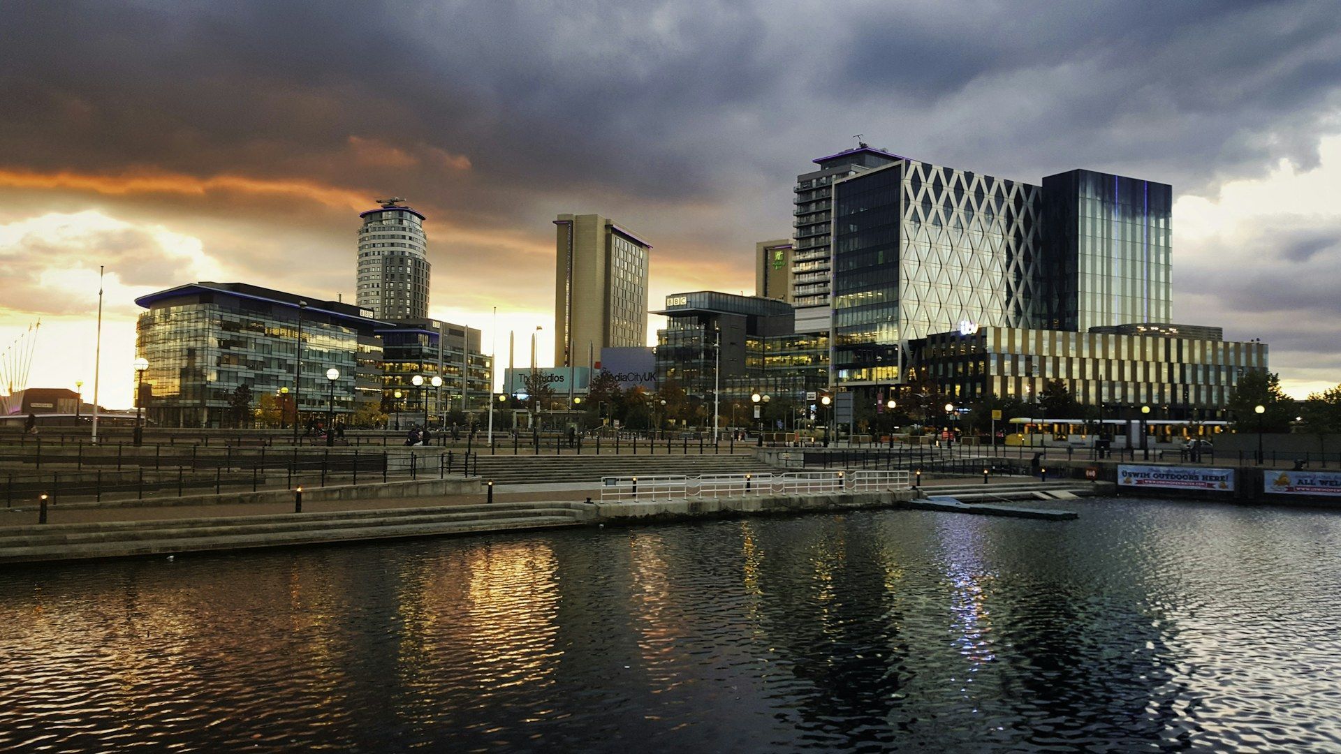 The Manchester skyline at Salford Quays and MediaCity